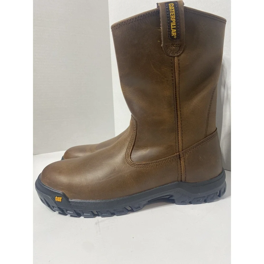 Caterpillar Men's Drawbar Pull-On Work Boots Soft Toe Size 8.5 NWT Brown Leather